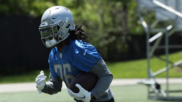 Lions running back Jahmyr Gibbs goes through drills during OTAs on Thursday, May 25, 2023, in Allen