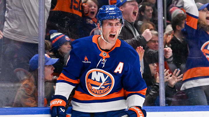 Nov 27, 2024; Elmont, New York, USA;  New York Islanders center Brock Nelson (29) celebrates his goal against the Boston Bruins during the second period at UBS Arena. Mandatory Credit: Dennis Schneidler-Imagn Images