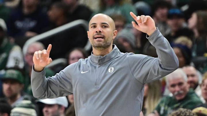 Nov 29, 2025; Milwaukee, Wisconsin, USA;  Brooklyn Nets head coach Jordi Fernandez calls a play in the fourth quarter against the Milwaukee Bucks at Fiserv Forum. Mandatory Credit: Benny Sieu-Imagn Images