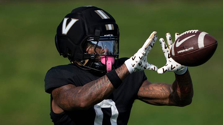 Vanderbilt wide receiver Junior Sherrill (0) goes through receiving drills during practice at Vanderbilt University's McGugin Center practice fields Thursday, April 2, 2026. Vanderbilt wide receiver Junior Sherrill (0) goes through receiving drills during practice at Vanderbilt University's McGugin Center practice fields Thursday, April 2, 2026.