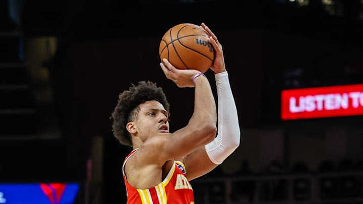 Jan 26, 2026; Atlanta, Georgia, USA; Atlanta Hawks forward Jalen Johnson (1) shoots the ball against the Indiana Pacers during the second quarter at State Farm Arena. Mandatory Credit: Jordan Godfree-Imagn Images