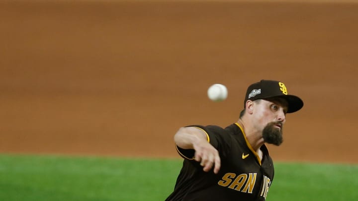 San Diego Padres relief pitcher Dan Altavilla (57) pitches against the Los Angeles Dodgers during the eighth inning in game two of the 2020 NLDS at Globe Life Field on Oct. 7, 2020. San Diego Padres relief pitcher Dan Altavilla (57) pitches against the Los Angeles Dodgers during the eighth inning in game two of the 2020 NLDS at Globe Life Field on Oct. 7, 2020.