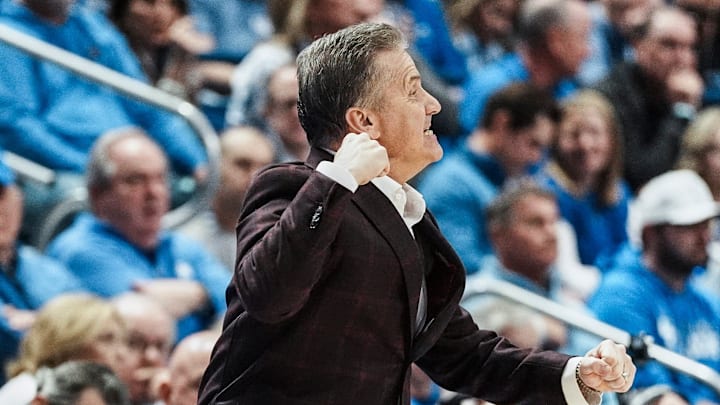 Arkansas head coach and former UK coach John Calipari pumps his fist in excitement as the Hogs secure their lead and win over the Wildcats in Calipari's return Saturday Feb. 1, 2025 at Rupp Arena in Lexington, Kentucky.