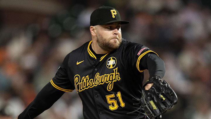 Jul 28, 2025; San Francisco, California, USA; Pittsburgh Pirates pitcher David Bednar (51) delivers a pitch against the San Francisco Giants during the ninth inning at Oracle Park. Mandatory Credit: D. Ross Cameron-Imagn Images