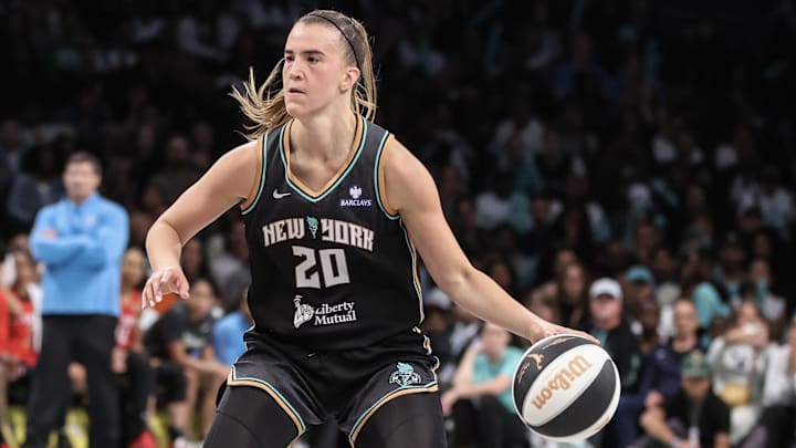 Jun 17, 2025; Brooklyn, New York, USA;  New York Liberty guard Sabrina Ionescu (20) drives to the basket in the fourth quarter against the Atlanta Dream at Barclays Center. Mandatory Credit: Wendell Cruz-Imagn Images