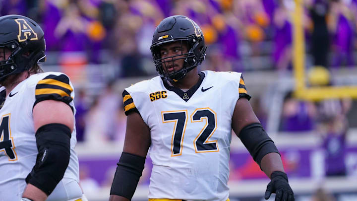 Sep 14, 2024; Greenville, North Carolina, USA;  Appalachian State Mountaineers offensive lineman Markell Samuel (72) looks on against the East Carolina Pirates during the first half at Dowdy-Ficklen Stadium. Mandatory Credit: James Guillory-Imagn Images