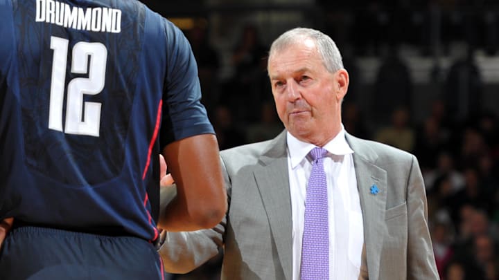 Jan. 14, 2012; South Bend, IN, USA; Connecticut Huskies head coach Jim Calhoun talks to center Andre Drummond (12) during a timeout in the second half against the Notre Dame Fighting Irish at the Purcell Pavilion. Connecticut won 67-53. Mandatory Credit: Matt Cashore-Imagn Images Jan. 14, 2012; South Bend, IN, USA; Connecticut Huskies head coach Jim Calhoun talks to center Andre Drummond (12) during a timeout in the second half against the Notre Dame Fighting Irish at the Purcell Pavilion. Connecticut won 67-53. Mandatory Credit: Matt Cashore-Imagn Images