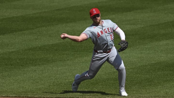 Mar 31, 2024; Baltimore, Maryland, USA; Los Angeles Angels second baseman Brandon Drury (23) throws to first base during the third inning at Oriole Park at Camden Yards. Mandatory Credit: Tommy Gilligan-USA TODAY Sports Mar 31, 2024; Baltimore, Maryland, USA; Los Angeles Angels second baseman Brandon Drury (23) throws to first base during the third inning at Oriole Park at Camden Yards. Mandatory Credit: Tommy Gilligan-USA TODAY Sports