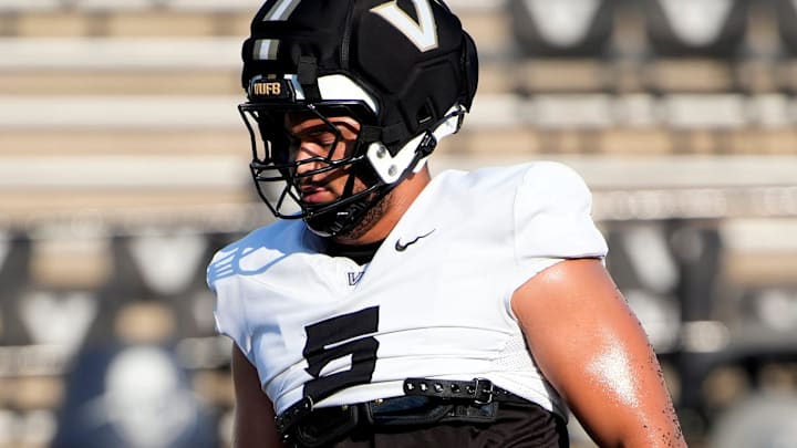 Vanderbilt defensive lineman Yilanan Ouattara (5) warms up during practice at FirstBank Stadium Thursday, Aug. 7, 2025, in Nashville, Tenn.