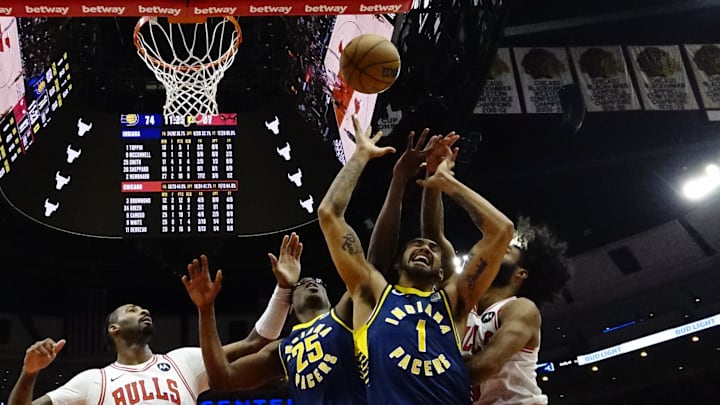 Mar 27, 2024; Chicago, Illinois, USA; Indiana Pacers forward Obi Toppin (1) forward Jalen Smith (25)
