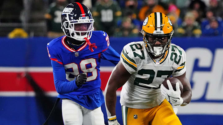 Dec 11, 2023; East Rutherford, New Jersey, USA; Green Bay Packers running back Patrick Taylor (27)