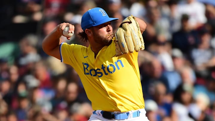 Boston Red Sox starting pitcher Kutter Crawford (50) pitches during the second inning against the Arizona Diamondbacks at Fenway Park in 2024. Boston Red Sox starting pitcher Kutter Crawford (50) pitches during the second inning against the Arizona Diamondbacks at Fenway Park in 2024.