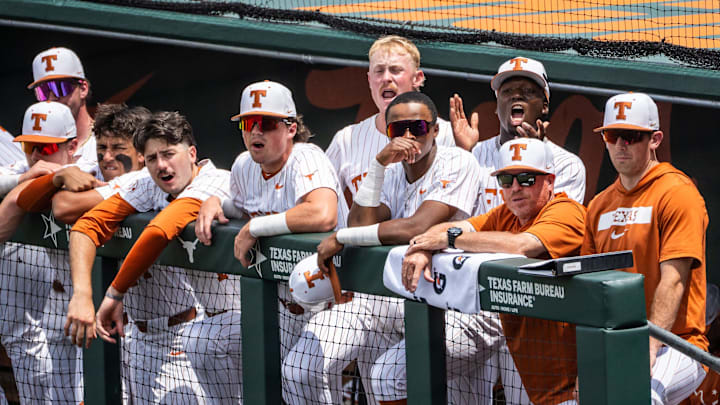 The Texas dugout watch the fifth inning as the the Longhorns take on the Florida Gators, May 10, 2025. The Texas dugout watch the fifth inning as the the Longhorns take on the Florida Gators, May 10, 2025.