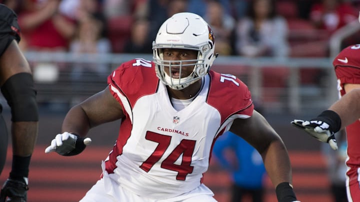 October 6, 2016; Santa Clara, CA, USA; Arizona Cardinals offensive tackle D.J. Humphries (74) during the first quarter against the San Francisco 49ers at Levi's Stadium. The Cardinals defeated the 49ers 33-21. Mandatory Credit: Kyle Terada-Imagn Images
