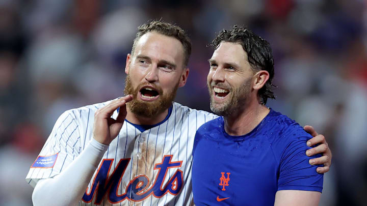 Jun 10, 2025; New York City, New York, USA; New York Mets second baseman Jeff McNeil (1) celebrates his tenth inning walkoff hit against the Washington Nationals with left fielder Brandon Nimmo (9) at Citi Field. Mandatory Credit: Brad Penner-Imagn Images