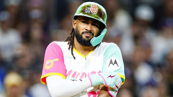 Aug 22, 2025; San Diego, California, USA; San Diego Padres right fielder Fernando Tatis Jr. (23) reacts after drawing a walk during the fifth inning against the Los Angeles Dodgers at Petco Park. Mandatory Credit: David Frerker-Imagn Images Aug 22, 2025; San Diego, California, USA; San Diego Padres right fielder Fernando Tatis Jr. (23) reacts after drawing a walk during the fifth inning against the Los Angeles Dodgers at Petco Park. Mandatory Credit: David Frerker-Imagn Images