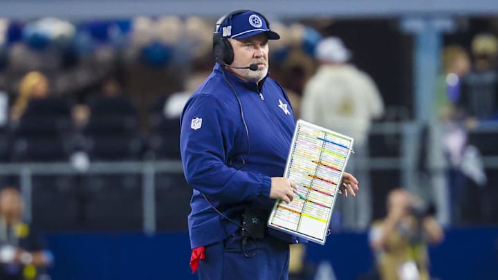 Dec 9, 2024; Arlington, Texas, USA;  Dallas Cowboys head coach Mike McCarthy looks on during the first half against the Cincinnati Bengals at AT&T Stadium. Mandatory Credit: Kevin Jairaj-Imagn Images