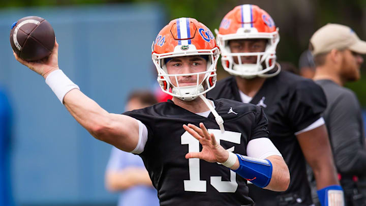 Florida Quarterback Graham Mertz (15) prepares to pass during practice. The Florida Gators held