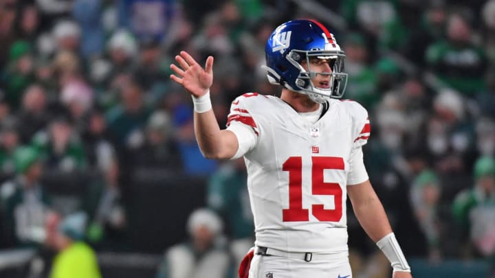 Dec 25, 2023; Philadelphia, Pennsylvania, USA; New York Giants quarterback Tommy DeVito (15) against the Philadelphia Eagles at Lincoln Financial Field.  