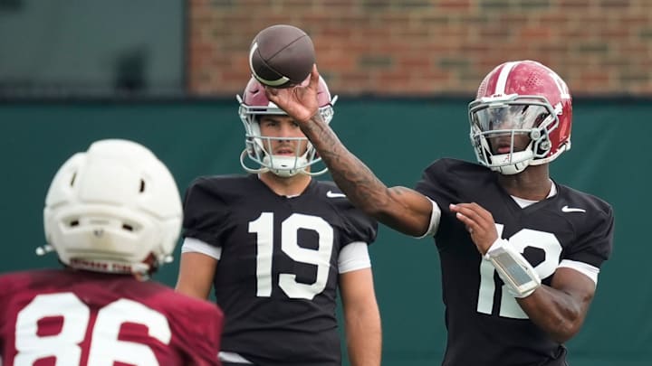 July 30, 2025; Tuscaloosa, AL, USA; Quarterback Keelon Russell throws during the first practice session of the preseason for the Alabama Crimson Tide.