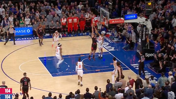 Mikal Bridges blocks Nikola Vucevic during Knicks vs. Bulls at Madison Square Garden on Thursday, February 20, 2025.