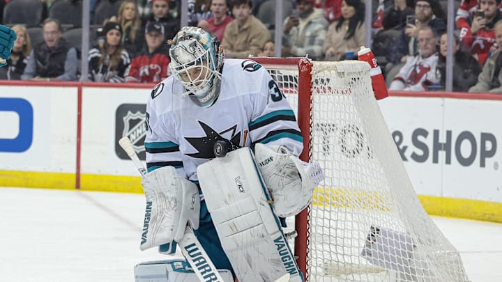 Dec 1, 2023; Newark, New Jersey, USA; San Jose Sharks goaltender Kaapo Kahkonen (36) makes a save