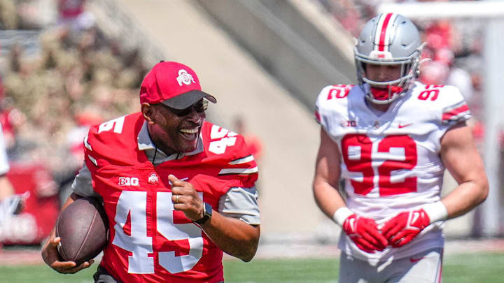 Apr 15, 2023; Columbus, Ohio, United States;  Ohio State Buckeyes alumni Archie Griffin runs the
