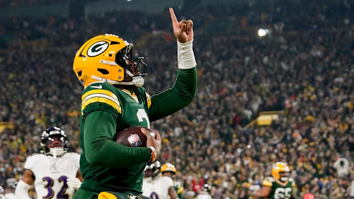 Former Green Bay Packers quarterback Malik Willis (2) celebrates after a touchdown during the second quarter against the Baltimore Ravens at Lambeau Field. 
