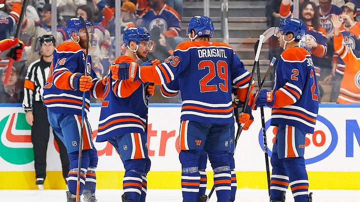 Sep 26, 2026; Edmonton, Alberta, CAN;  The Edmonton Oilers celebrate a goal scored by forward Connor McDavid (97) during the second period against the Calgary Flames at Rogers Place.  Mandatory Credit: Perry Nelson-Imagn Images