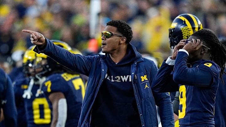 Michigan defensive back Will Johnson (2) reacts to a referee call that ruled an incomplete pass intended for tight end Colston Lovelan (not in the photo) during the second half against Oregon at Michigan Stadium in Ann Arbor on Saturday, Nov. 2, 2024.