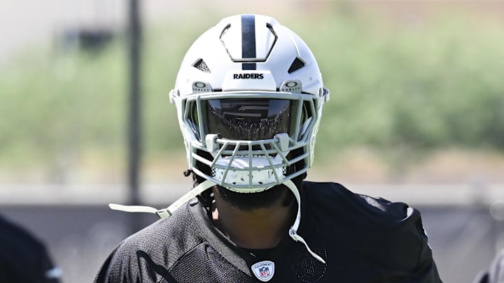 Jun 11, 2025; Henderson, NV, USA; Las Vegas Raiders defensive tackle Adam Butler (69) looks on during Las Vegas Raiders Minicamp at Intermountain Health Performance Center. Mandatory Credit: Candice Ward-Imagn Images