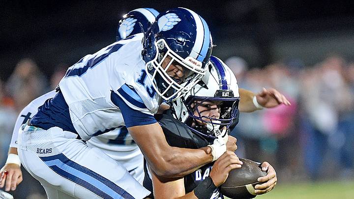 Geraldine's Jon Beck Wade tries to evade the tackle of Plainview's Memphis Odom during high school football action in Geraldine, Alabama October 1, 2026.