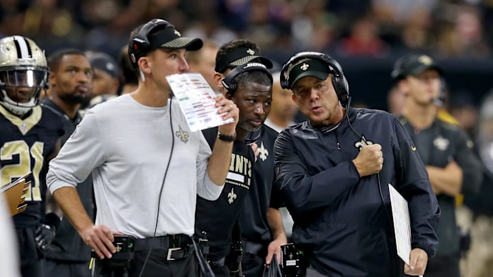 Sep 17, 2017; New Orleans, LA, USA; New Orleans Saints defensive coordinator Dennis Allen, secondary coach Aaron Glenn and head coach Sean Payton in the second half against the New England Patriots at the Mercedes-Benz Superdome. The Patriots won, 36-20. Mandatory Credit: Chuck Cook-Imagn Images