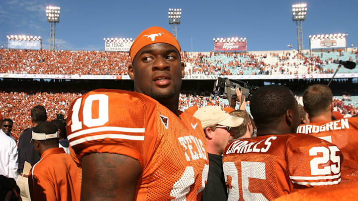 UT quarterback Vince Young walks off the field after beating OU at the Red River Rivalry at the Cotton Bowl in Dallas on Sat. Oct. 8, 2005. UT quarterback Vince Young walks off the field after beating OU at the Red River Rivalry at the Cotton Bowl in Dallas on Sat. Oct. 8, 2005.