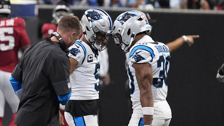 Carolina Panthers quarterback Bryce Young (9) celebrates with Carolina Panthers running back Chuba Hubbard Carolina Panthers quarterback Bryce Young (9) celebrates with Carolina Panthers running back Chuba Hubbard