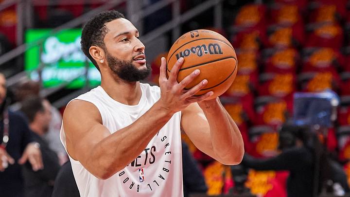 Oct 23, 2024; Atlanta, Georgia, USA; Brooklyn Nets guard Ben Simmons (10) warms up on the court before the game against the Atlanta Hawks at State Farm Arena. Mandatory Credit: Dale Zanine-Imagn Images