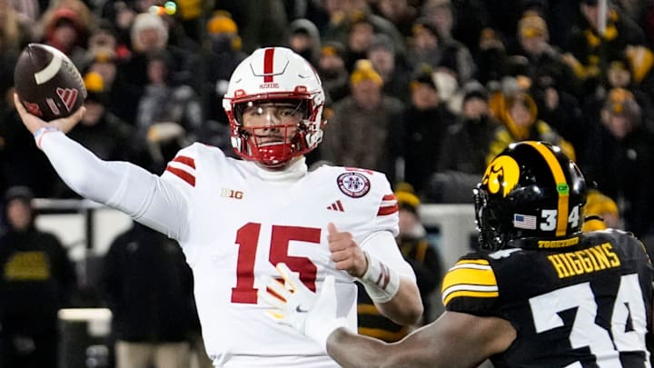 Nebraska quarterback Dylan Raiola passes during the Huskers' Nov. 29 game at Iowa.