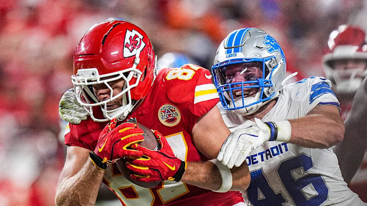 Detroit Lions linebacker Jack Campbell (46) tackles Kansas City Chiefs tight end Travis Kelce (87) during the second half at Arrowhead Stadium in Kansas City, Missouri on Sunday, Oct. 12, 2025. Detroit Lions linebacker Jack Campbell (46) tackles Kansas City Chiefs tight end Travis Kelce (87) during the second half at Arrowhead Stadium in Kansas City, Missouri on Sunday, Oct. 12, 2025.