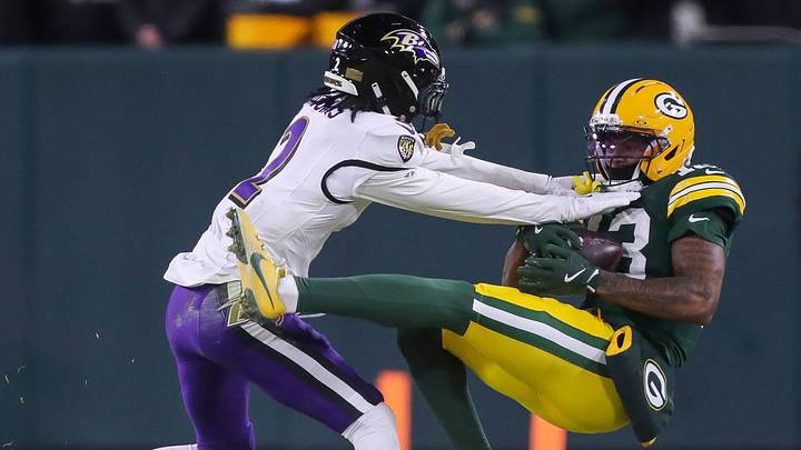 Baltimore Ravens cornerback Nate Wiggins (2) tackles Green Bay Packers wide receiver Dontayvion Wicks (13) after Wicks catches a pass on Saturday, December 27, 2025, at Lambeau Field in Green Bay, Wis.
Tork Mason/USA TODAY NETWORK-Wisconsin Baltimore Ravens cornerback Nate Wiggins (2) tackles Green Bay Packers wide receiver Dontayvion Wicks (13) after Wicks catches a pass on Saturday, December 27, 2025, at Lambeau Field in Green Bay, Wis.
Tork Mason/USA TODAY NETWORK-Wisconsin