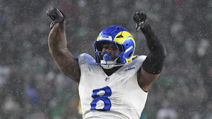 Jan 19, 2025; Philadelphia, Pennsylvania, USA; Los Angeles Rams linebacker Jared Verse (8) reacts after a play against the Philadelphia Eagles in a 2025 NFC divisional round game at Lincoln Financial Field. Mandatory Credit: Eric Hartline-Imagn Images