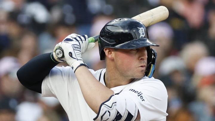 Detroit Tigers first base Spencer Torkelson (20) looks on during an at bat in the first inning of the game against the Cleveland Guardians at Comerica Park on May 24. Detroit Tigers first base Spencer Torkelson (20) looks on during an at bat in the first inning of the game against the Cleveland Guardians at Comerica Park on May 24.