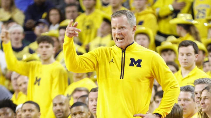 Feb 21, 2025; Ann Arbor, Michigan, USA; Michigan Wolverines head coach Dusty May looks on during the first half against the Michigan State Spartans at Crisler Center. Mandatory Credit: Brian Bradshaw Sevald-Imagn Images