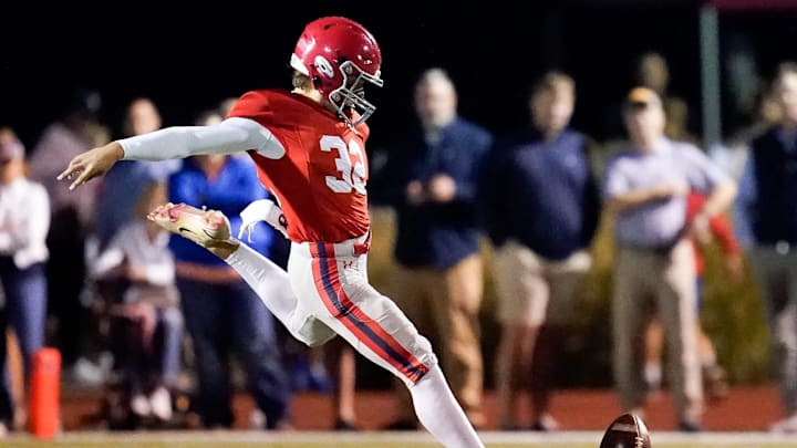 Brentwood Academy's London Bironas (32) kicks against MBA during the second quarter at Brentwood Academy in Brentwood, Tenn., Friday, Sept. 23, 2022.

Ba Mba Fb 092322 An 034