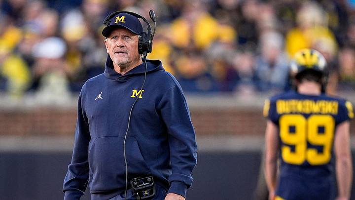 Michigan head coach Kyle Whittingham looks on before a play against Penn State during the second half at Michigan Stadium in Ann Arbor on Saturday, Oct. 17, 2026.