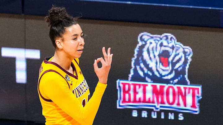 Minnesota Golden Gophers guard Tori McKinney (14) celebrates a 3-pointer Wednesday, April 2, 2025, during the WBIT championship game between the Minnesota Golden Gophers and the Belmont Bruins at Hinkle Fieldhouse in Indianapolis.