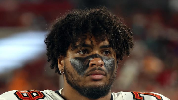 Aug 23, 2024; Tampa, Florida, USA; Tampa Bay Buccaneers offensive tackle Tristan Wirfs (78) against the Miami Dolphins during the second quarter at Raymond James Stadium. Mandatory Credit: Kim Klement Neitzel-Imagn Images