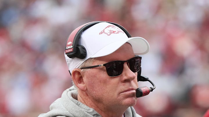 Nov 2, 2024; Fayetteville, Arkansas, USA; Arkansas Razorbacks offensive coordinator Bobby Petrino during the first quarter against the Ole Miss Rebels at Donald W. Reynolds Razorback Stadium. Mandatory Credit: Nelson Chenault-Imagn Images