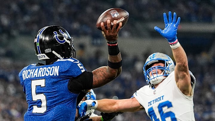 Detroit Lions linebacker Jack Campbell (46) pressures Indianapolis Colts quarterback Anthony Richardson (5).