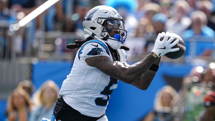Sep 29, 2024; Charlotte, North Carolina, USA; Carolina Panthers wide receiver Diontae Johnson (5) makes a catch for a score in the end zone against the Cincinnati Bengals during the third quarter at Bank of America Stadium. Mandatory Credit: Jim Dedmon-Imagn Images