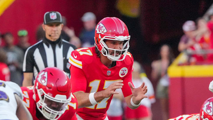 Sep 28, 2025; Kansas City, Missouri, USA; Kansas City Chiefs quarterback Gardner Minshew (17) readies for the snap against the Baltimore Ravens during the game at GEHA Field at Arrowhead Stadium. Mandatory Credit: Denny Medley-Imagn Images